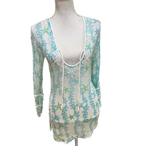 Letarte sheer handmade 100% silk beaded tunic top white & turquoise size small - Picture 1 of 11